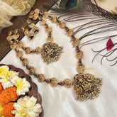 Vriksham Designer Lakshmi kasu Mala Bridal Set-Green Red-Gold Pearl-G19183